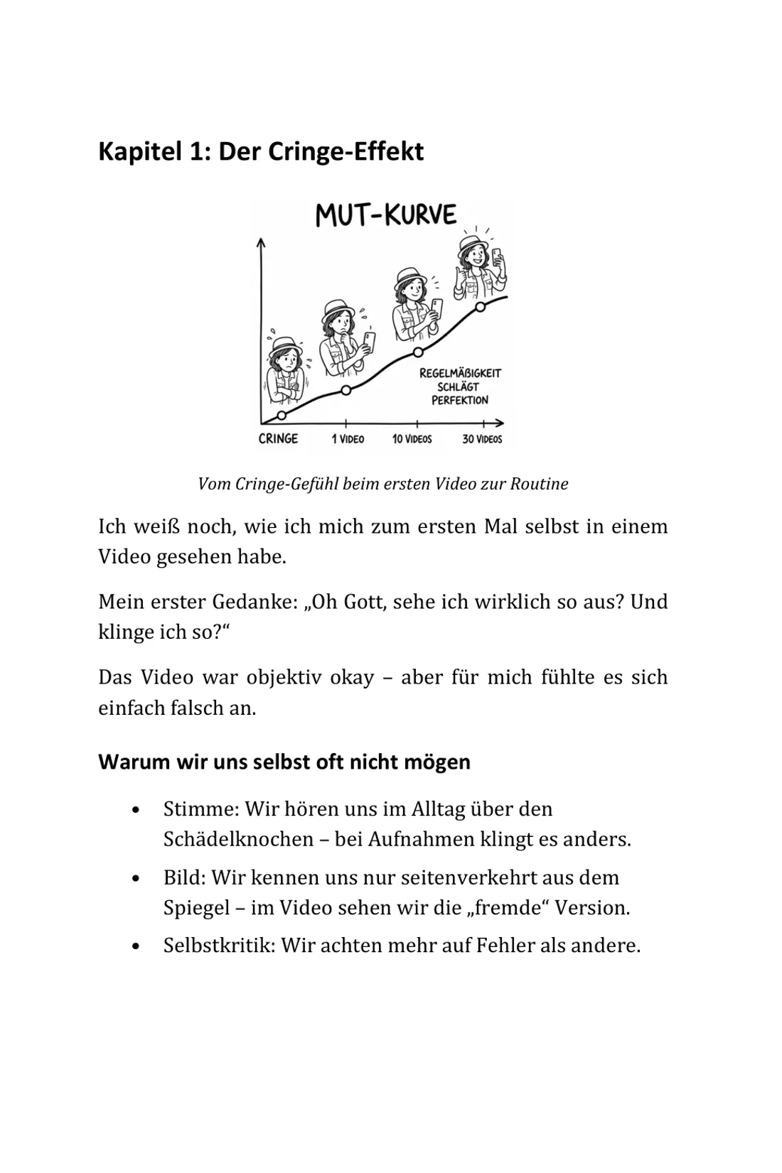 Buchseite aus Kapitel 1: Die Mut-Kurve – vom Cringe-Gefühl beim ersten Video zur Routine